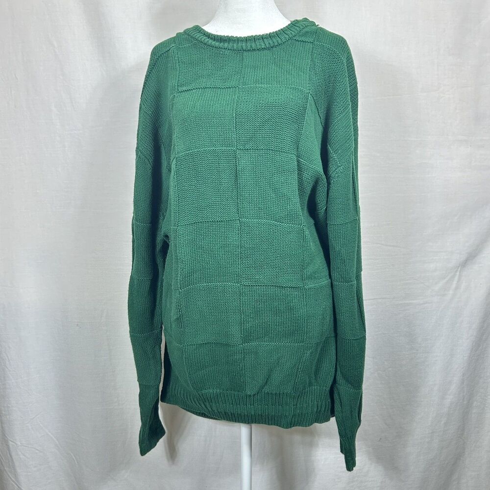 Alexander Julian Colours Cotton Crewneck Sweater Green Grid Knit XXL Holiday
